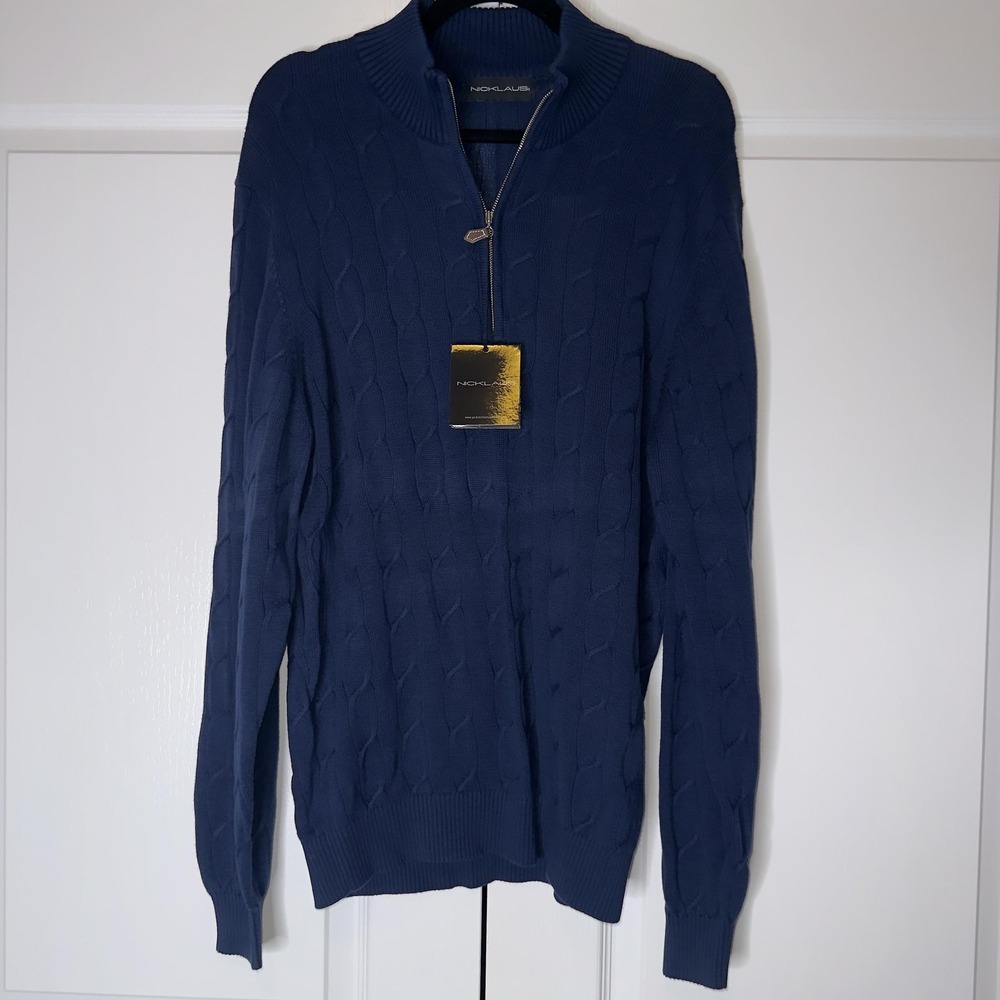 Nicklaus Sweater Mens Large Blue Mock Neck 1/4 Zip Cable Knit Pullover Golf
